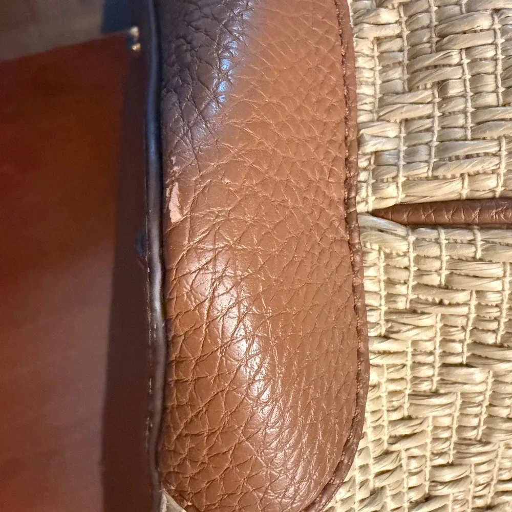 Ralph Lauren woven straw gold faux leather tote bag purse classic summer resort